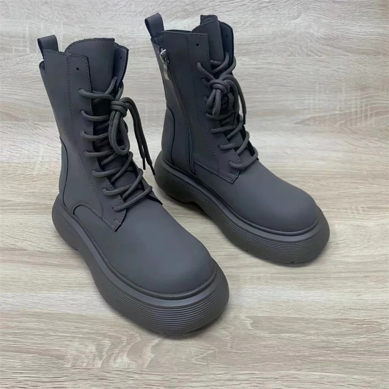 

Women's Rubber Boots Luxury Designer Autumn Shoes Lace Up Flat Heel Round Toe Boots-Women Zipper Rain Fashion Lolita Leather Med