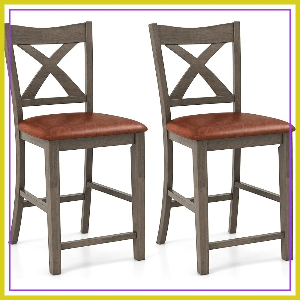 

24" Bar Stools Set of 2, Farmhouse Counter Height with Footrest, Cross Back, Linen Cushion, Wood Chairs for Kitchen Island, Gray & Brown