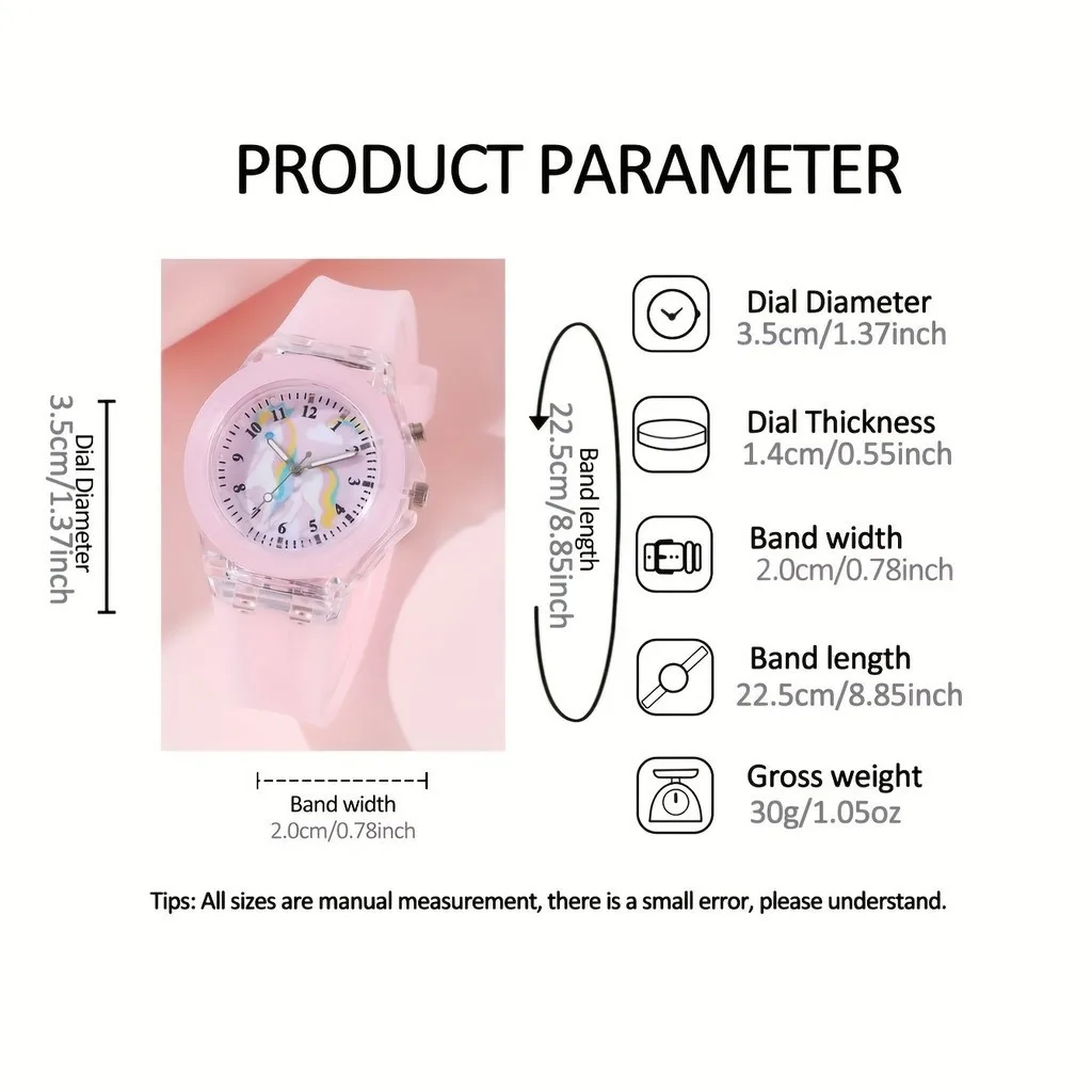 【Watch+Bracelet】Girls Light Luminous Cartoon Unicorn Quartz Wristwatch with Beaded Bracelet Ideal Choice for Gifts