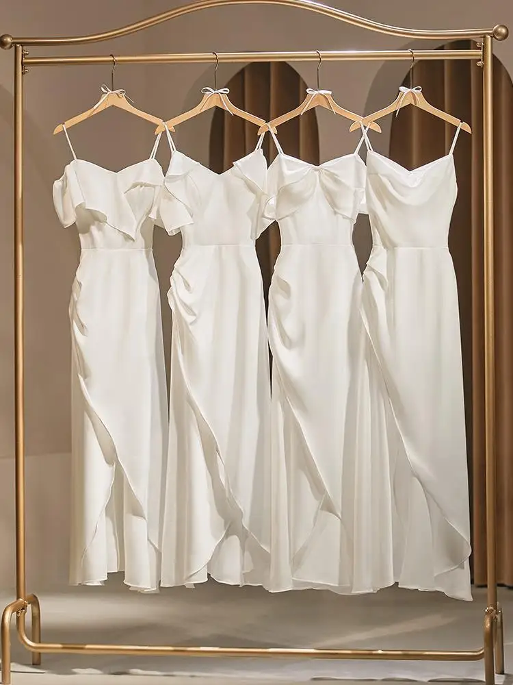 Satin Bridesmaid Dress New Spring Group Daily Wearable Slim White Niche Elegant Women