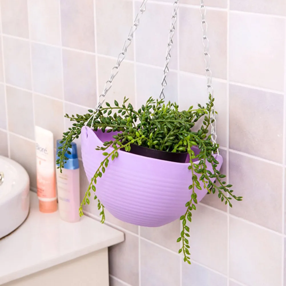 2L Purple Hanging Flower Pot Made of PP Resin and Iron Chain for Balcony Garden Hanging Planter Basket with Bottom Drainage Hole