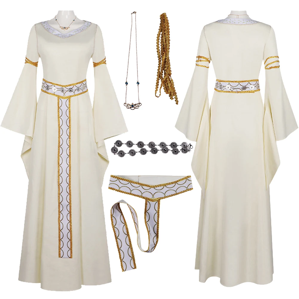 

Movie Lorded Rings Eowyn Cosplay Beige Dress Belt Necklace Costume Outfits Halloween Roleplay Carnival Party For Adult Women