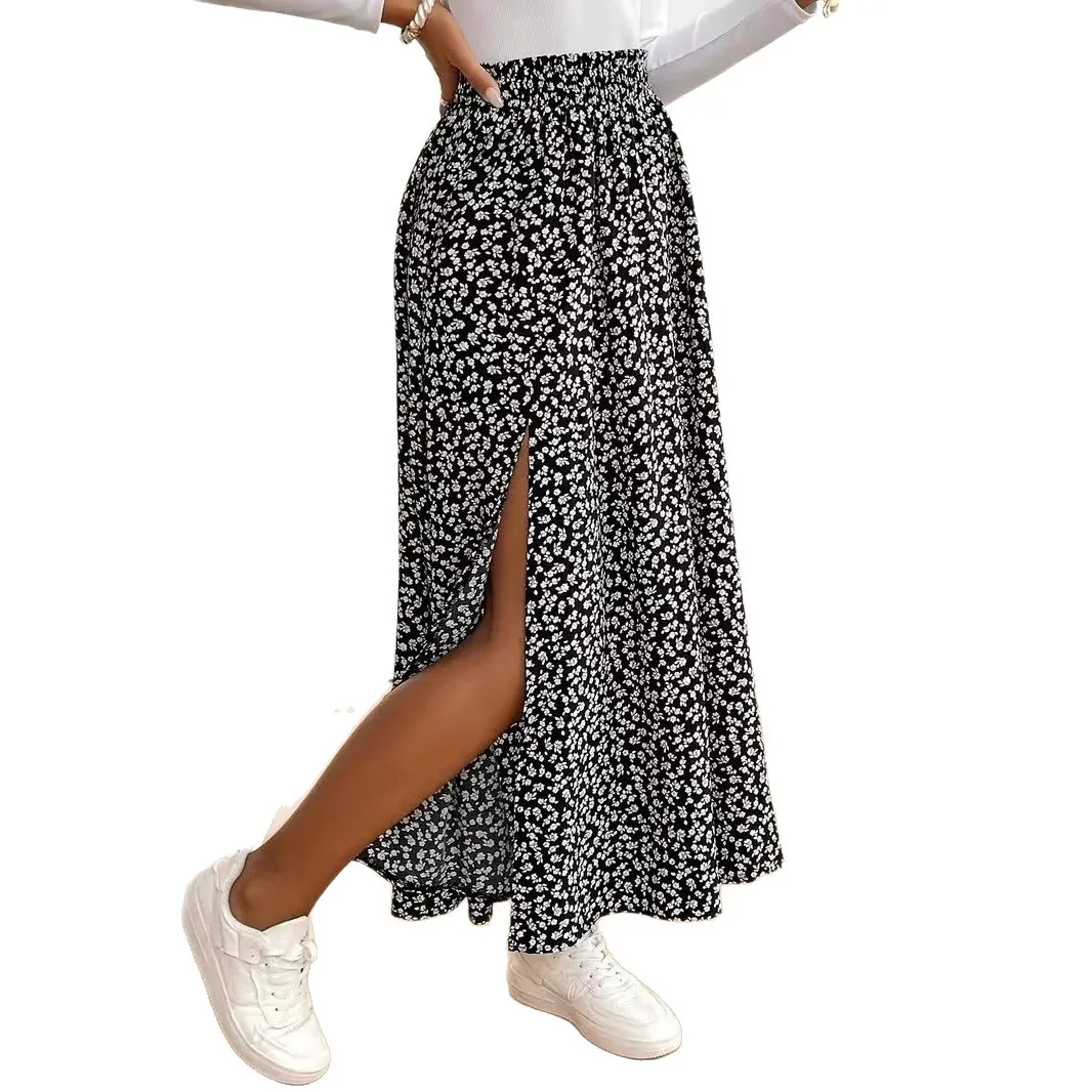 

Новинка 2025, юбка с цветочным принтом Amazon, трансграничная внешняя торговля, платье со средней талией и разрезом на бедрах, Cw14925