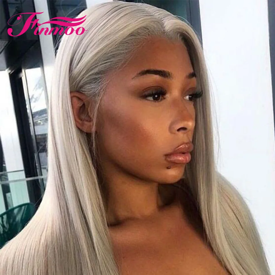 Long Straight Grey Color T Part Wig 180% Density HD Transparent Lace Wigs Brazilian Remey Human Hair Wigs For Women