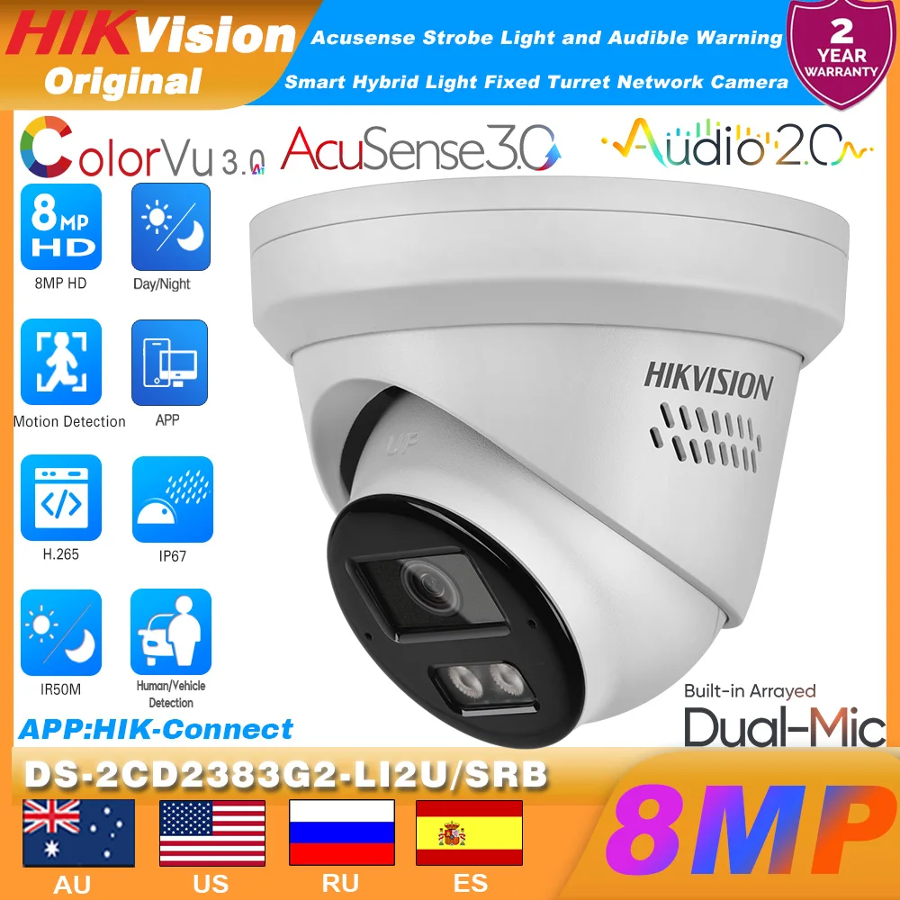 كاميرا Hikvision 4K 8MP IP DS-2CD2383G2-LI2U/SRB مصفوفة ضوء هجينة ذكية وميكروفون ومكبر صوت برج Acusense تحذير الضوء الأحمر والأزرق #1