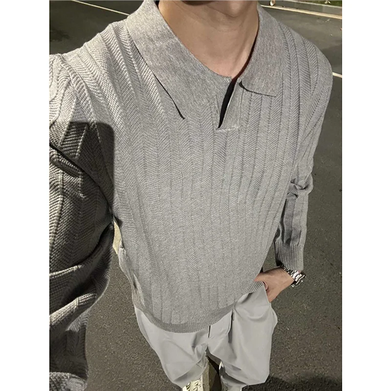 

Light ey Men's Long Sve T-irt Knitted Sweater with Stripe Design And O-Ne Vintage American Texture for Autumn