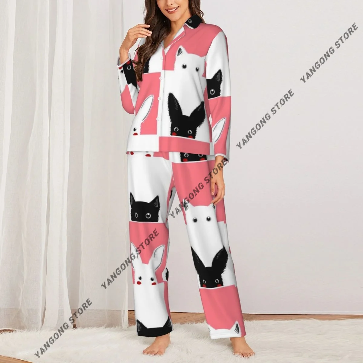Chess Rabbits Womens Pajamas Loungewear Two-piece Sleepwear Button-Down Full Sleeve Long Pajamas Set