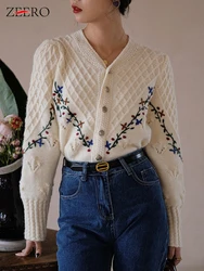 Winter Autumn Knitted Cardigan Coat Women Sweet Flower Embroidery Hook Long Sleeve Top Short Casual Cropped Sweater for Women