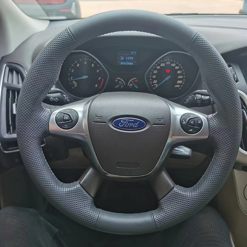 

Car Steering Wheel Cover for Ford Focus 3 2012-2014 C-MAX 2011-2014 KUGA Escape 2013-2016 Diy Hand-sewn Sewing Genuine Leather