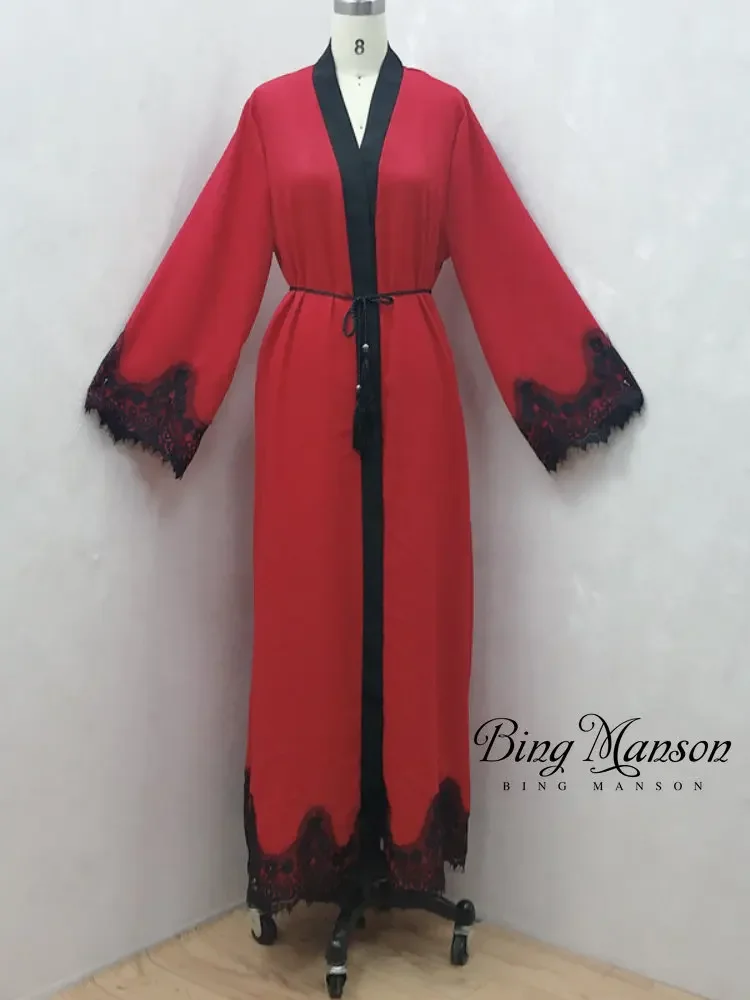 

Middle East Fashion Ramadan Patchwork Lace Long Cardigan Muslim for Women Dubai Abaya Maxi Robe Kimono Turkish Islamic Clothing