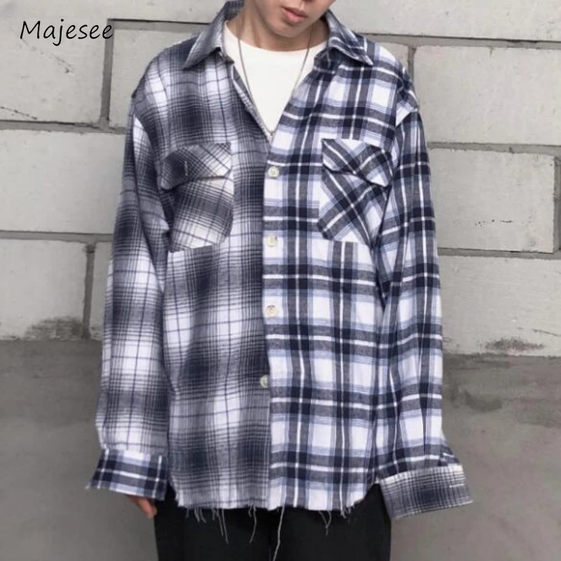 

Jackets Men Turn-down Collar Plaid Pocket Loose Spring American Style Streetwear All-match Fashion Harajuku Long Sleeve Baggy