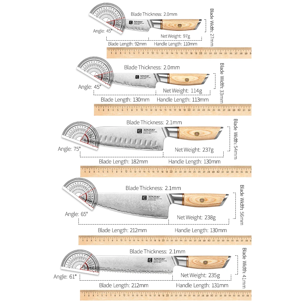 XINZUO 5pcs Knife Set Pakkawood Handle High Carbon 3-layer Clad Steel Ultra Sharp Blade Kitchen Cooking Slicing Tools Gift Case