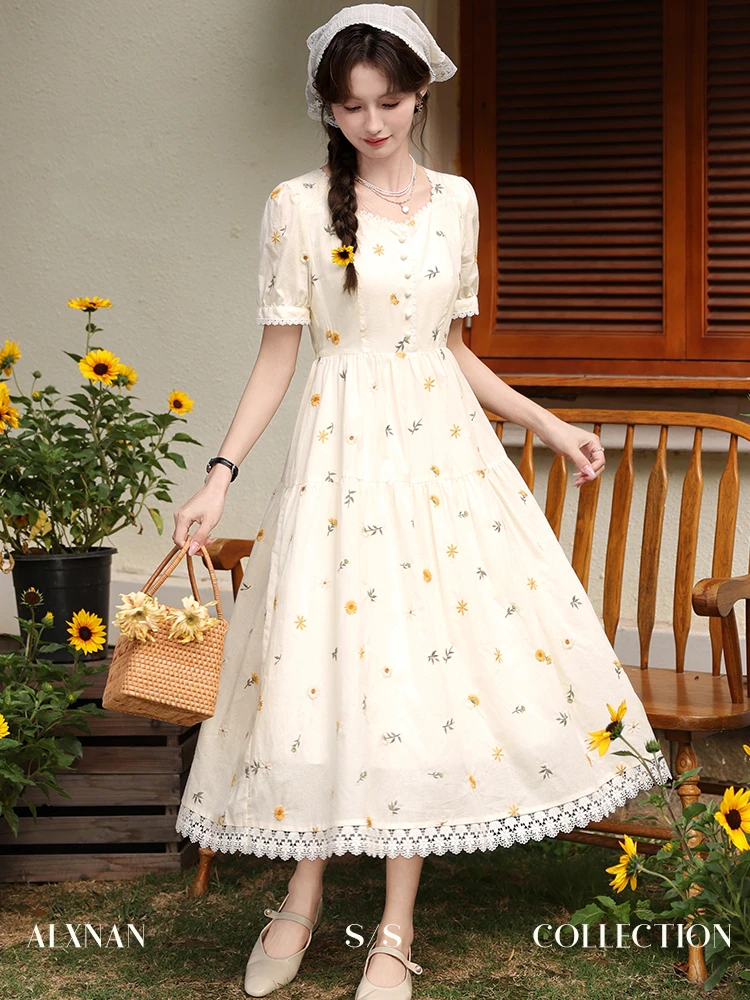 ALXNAN Frenchy Floral Dress Women 2024 Summer Elegant Chic Fashion Lace Trim A Line Midi Cotton Dresses Female Clothing L35109