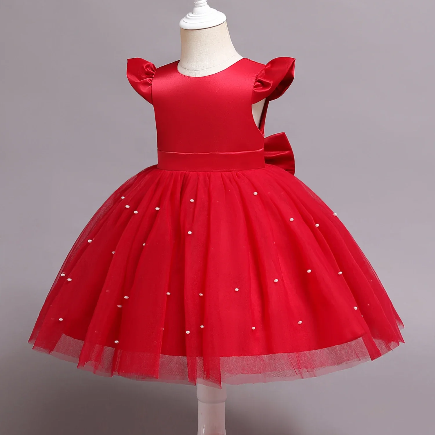 Toddler Girl 1st Birthday Tulle Dress Backless Bow Beading Gown Kids Christmas Wedding Party Princess Dress Baby Girl Dresses