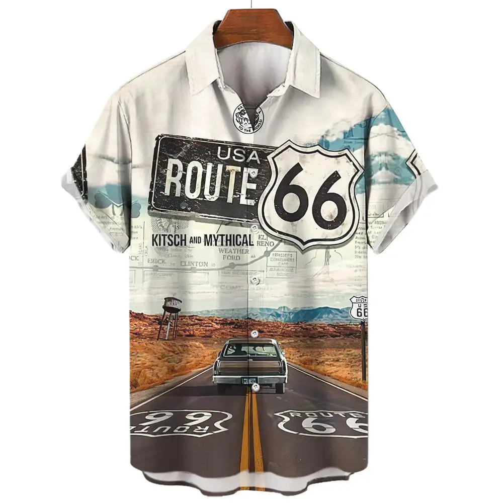 Vintage Men\'s Shirts Route 66 Classic Cars Tees 3d Print Short Sleeve Top Summer Clothes Route 66 Pattern Blouse Oversized Shirt