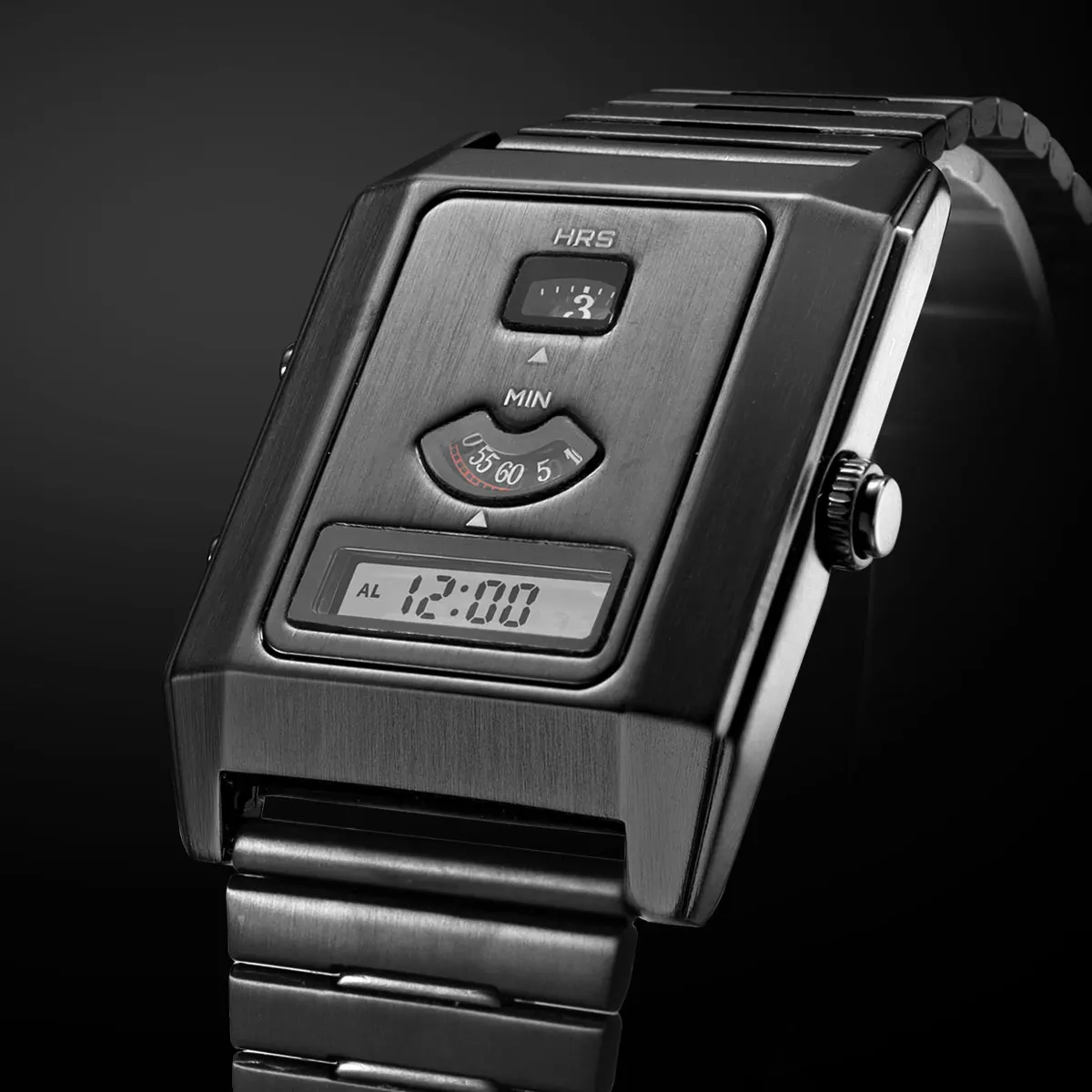 Men's Watch with Rectangle Dial Tri-Display Alarm Backlight Quartz Electronic Hybrid Movement Stainless Steel Unisex Wristwatch