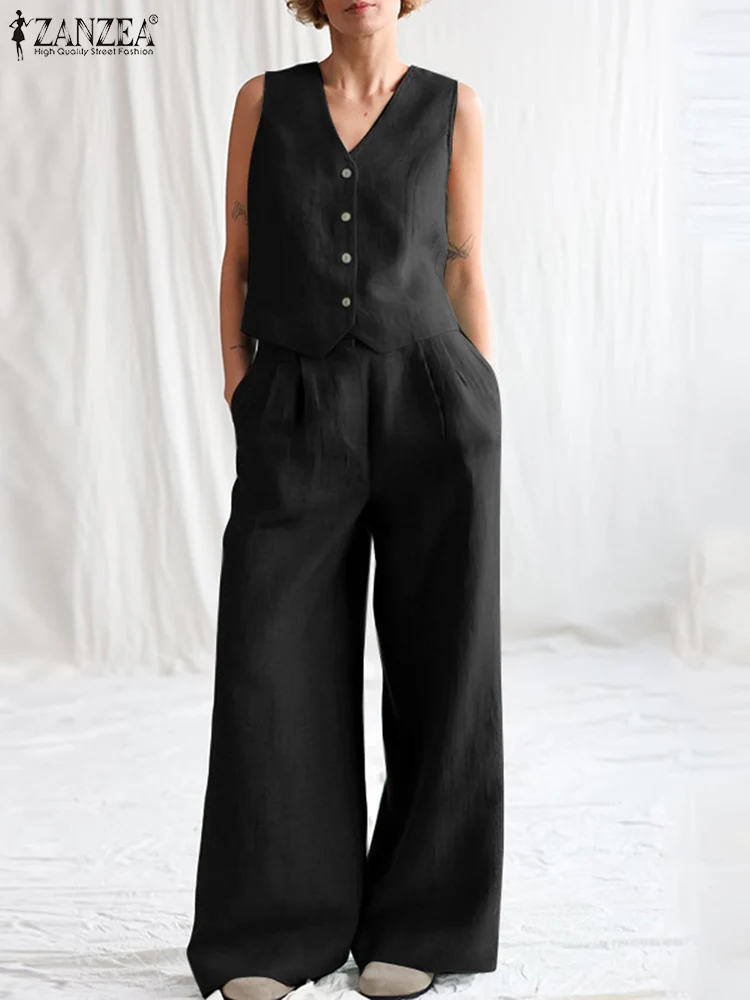 Moda ZANZEA 2024 letnie dresy miejskie spodnie z szerokimi nogawkami w stylu Casual spodnie damskie zestawy solidny kolor kamizelka najlepszych 2 sztuk