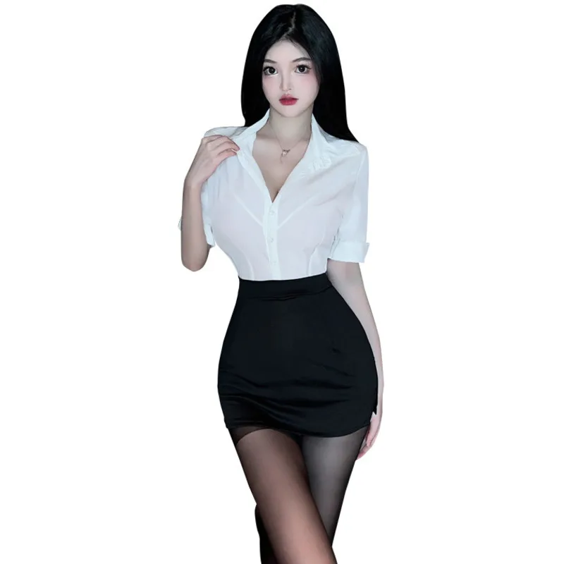 Secretarial Sexy Lingerie Uniforms Passion Wrap Hip Skirt Set Boyfriend Style Charm V Neck Nightclub Erotic Slim Mature BRNP