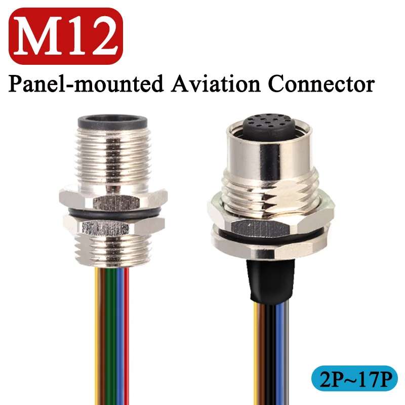 2Pin M12 Panel Mount Aviation Plug 3 4 5 6 8 12 17 Pin Socket Male Female Metal Welding Connectors with 30cm Wire Adapter IP67