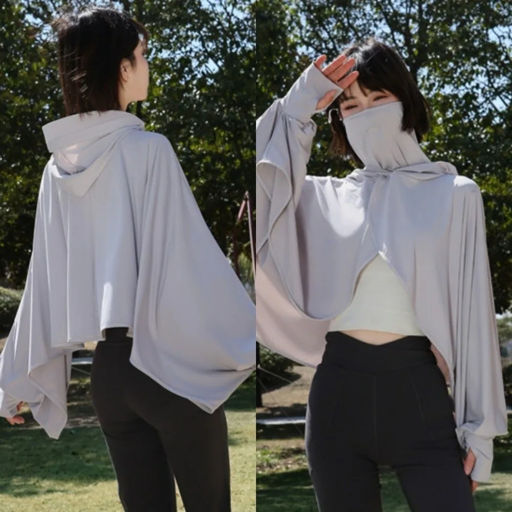 Solid Color 3 in 1 Sunscreen Hoodie Long Sleeve UV Protection Sun Protection Clothing Quick Dry Loose Fit Summer Ice Silk Cape