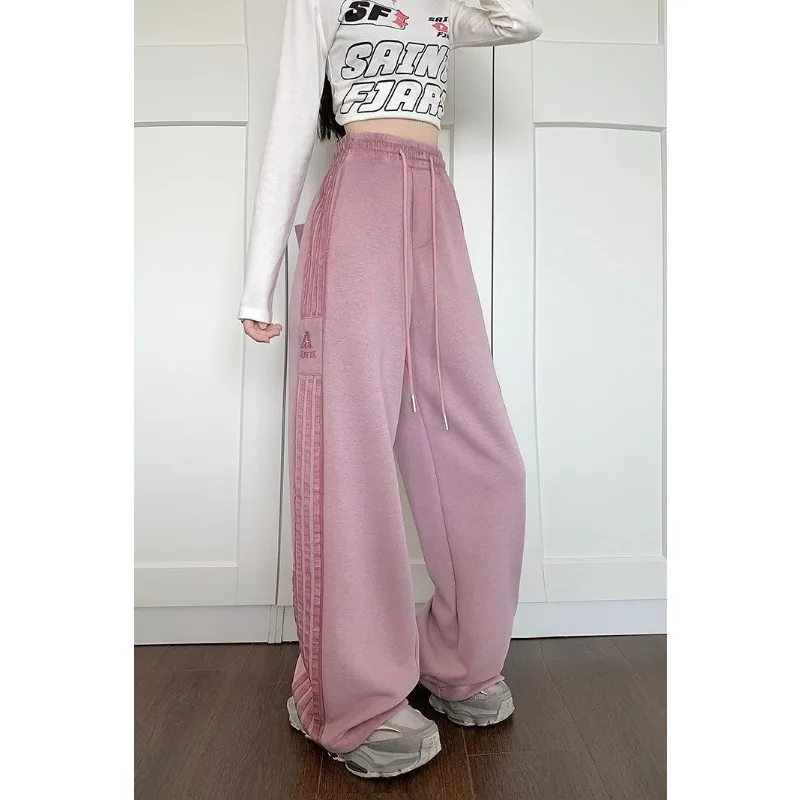 New Women's Contrasting Striped Sweatpants Autumn Winter Velvet Thicke Drape Straight Trousers Female Casual Wide-leg Sweatpants