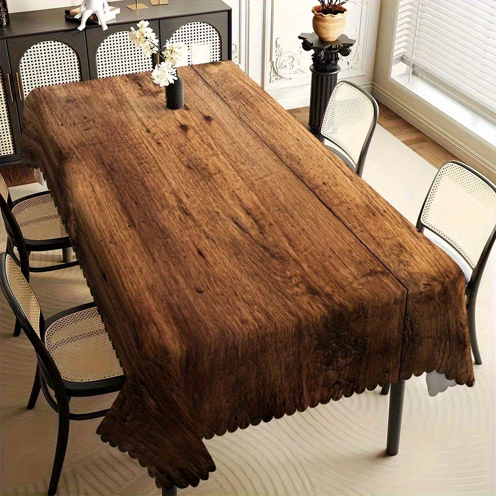 Eine Tischdecke im ländlichen Stil – Design mit gealterter Holzmaserung, dicke rechteckige Tischdecke aus Polyester mit fächerförmigen Kanten.PMJ