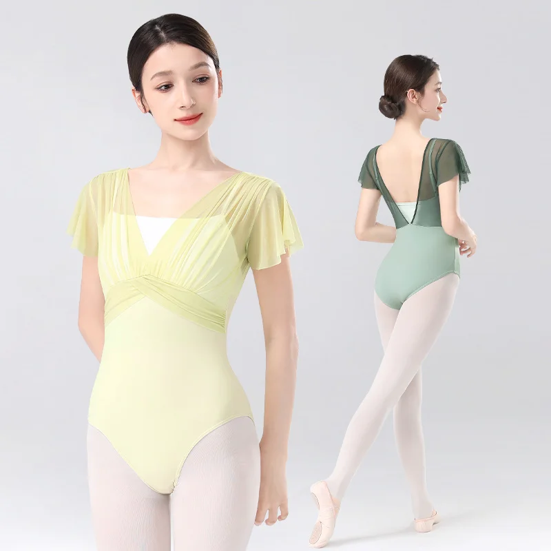 Women Ballet Leotards Dance Leotard Nylon Spliced Short Sleeve Pleats Ballet Bodysuit Adult Fake Two Piece Gymnastics Leotards