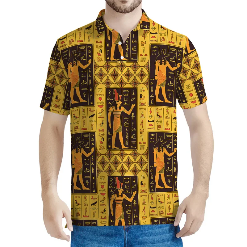 Ancient Egypt Pattern Polo Shirt Men 3D Printed Egyptian Gods Totem Button Tees Casual Streetwear T-Shirt Lapel Short Sleeves