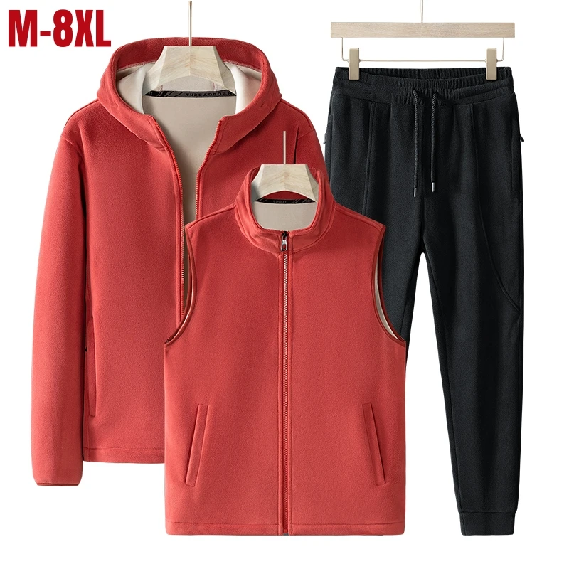 High Quality Men Hoodies + Vests + Pants Suit Lamb Cashmere Winter Thicken Fleece Keep Warm Velour Sport 3 Pieces Sets Plus Size