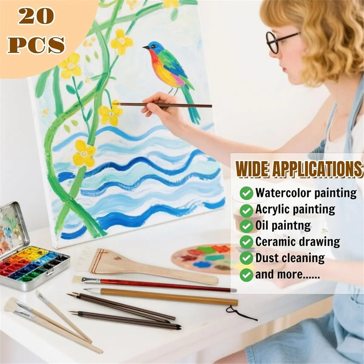 Budget-Friendly-20 Pack Pottery Glaze Brushes, Wool Ceramic Brushes with Wood Handle, for Acrylic Painting, Watercolor Oil Art P