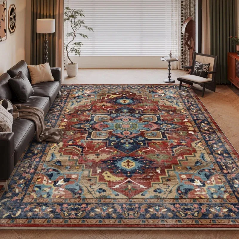 VIKAMA Vintage Persian Living Room Rug Ethnic Style Sofa Coffee Table Mat Bedroom Non-Slip Easy-Care Rug Home Decor