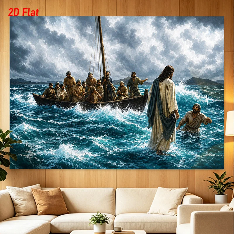 Jesus Walking on Water Tapestry Bible Story Wall Hanging Stormy Sea Boat Decor Religious Christian Art Cloth Living RoomOrnament