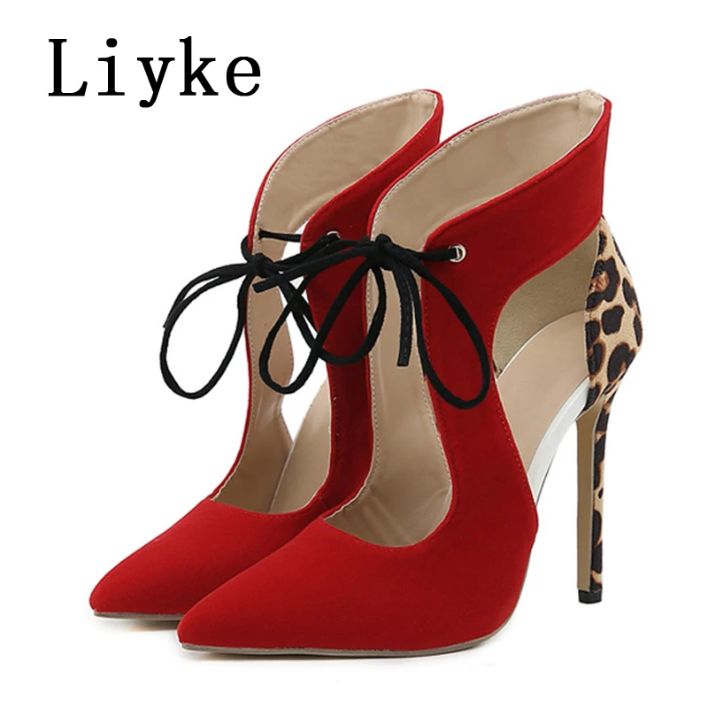 Liyke 2024 New Sexy Red Pointed Toe Lace Up High Heels Women Slingback Sandals Summer Party Prom Shoes Leopard Print Pumps Mule