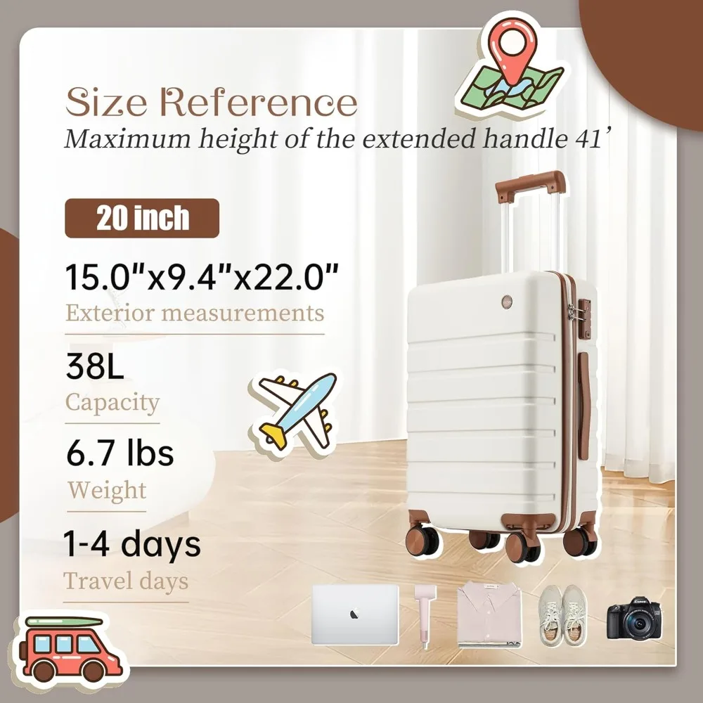 20 Inch Airline Approved Hardside Spinner Carry-On Luggage with 22x14x9 Dimensions, Durable Hard Shell Suitcase for Travel
