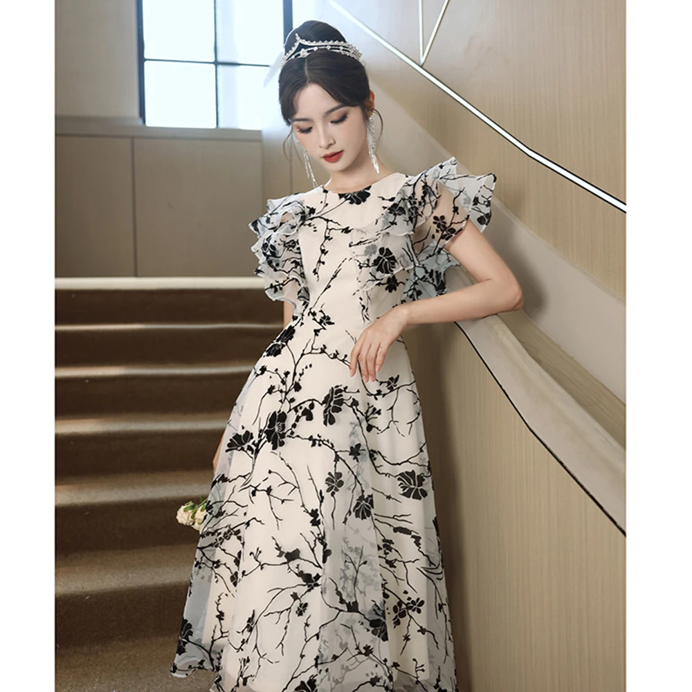 

Elegant Chinese Painting Style Evening Dress 2024 New Summer O-neck Ruffles Sleeve Prom Gown Slim Lace Up A-line Tulle Vestido