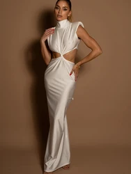 JULISSA MO Satin Sexy Hollow Out Turtleneck Women Maxi Dress Backless Shoulder Pads Dress Autumn Skinny Elegant Party Clubwear