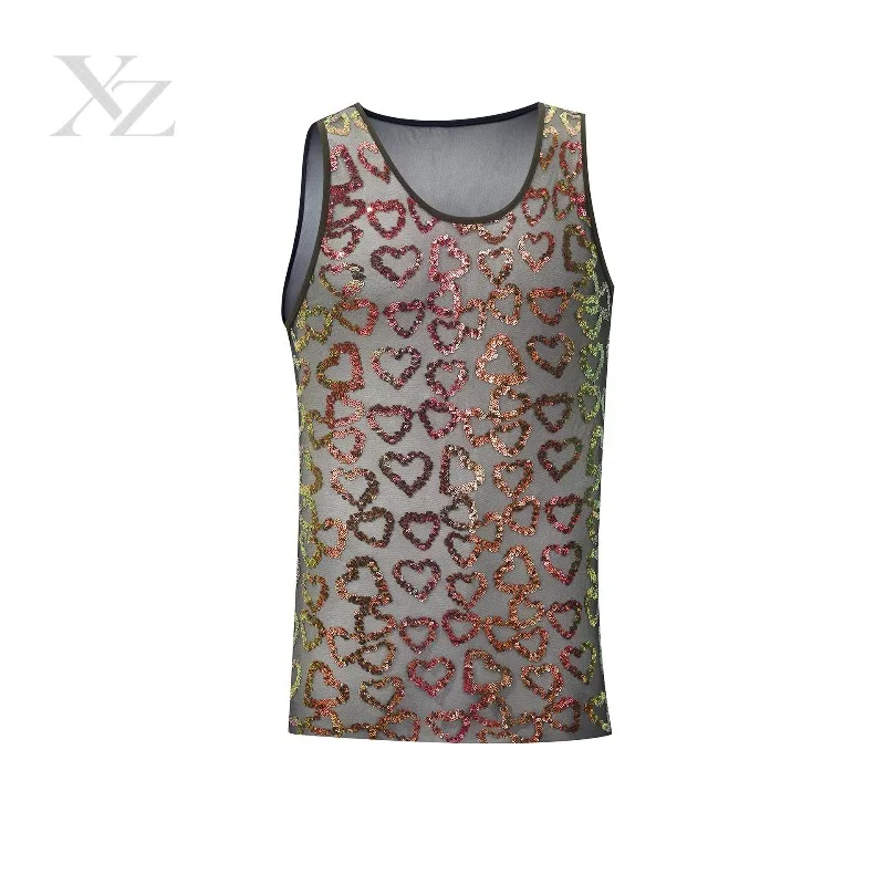 Premium Black Mesh Sheer Sleeveless Tank Top for Men – Full Pink Outline Heart Sequins, Slim Fit See Through Clubwear Vest, Hot