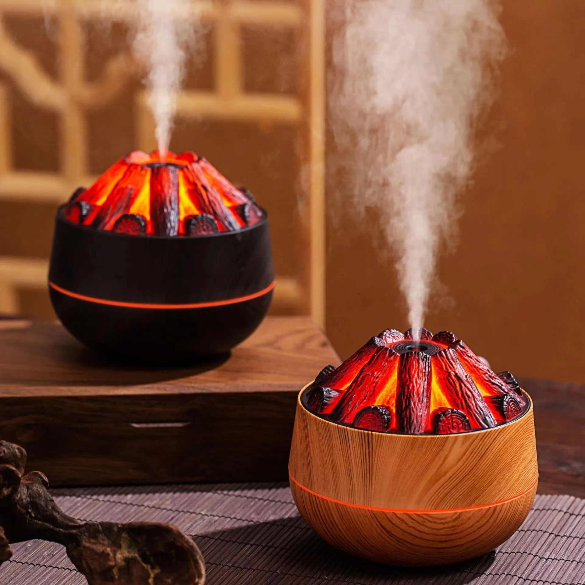 

2024 New 300ML Artificial Charcoal Fire Air Humidifier Aroma Diffuser Mist Sprayer Mini Diffuser with Night Light for Home