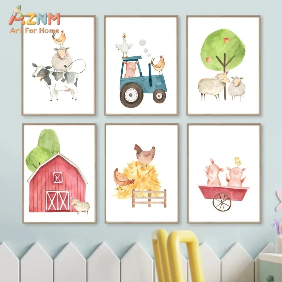 AZNM Watercolor Cute Farm Animal Tractor Barn Canvas Poster, Frameless Rustic Wall Art For Kids Nursery Playroom Bedroom Interio