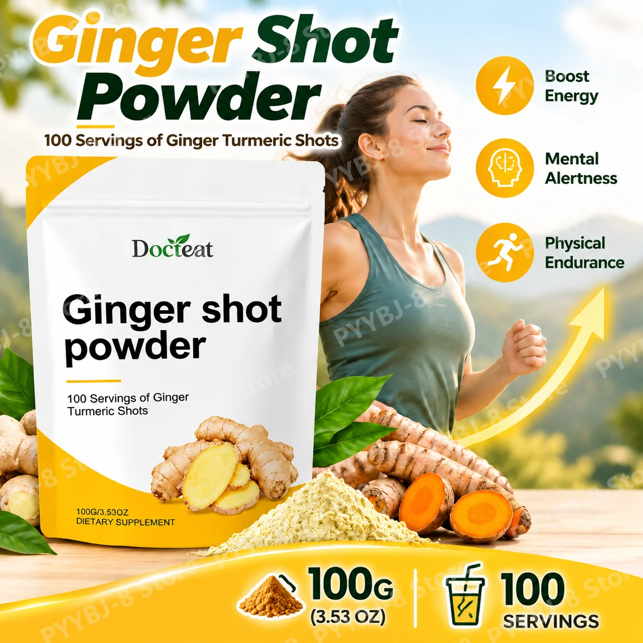 Ginger Shot Powder, Boost Daily Energy & Mental Alertness & Physical Endurance, Ginger Turmeric Ginseng Vitamin B 100g