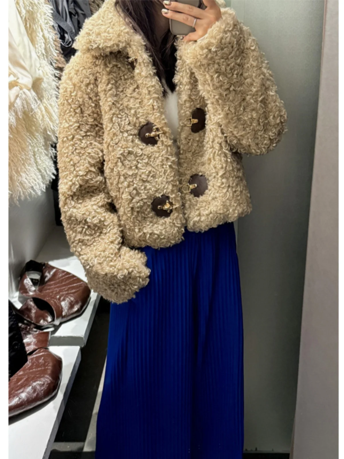 

Brown Collar ort Teddy Lamb Fur Jaet Women's Small Size Fluffy eepskin Coat Sweet Sle Thiened Winter Outerwear