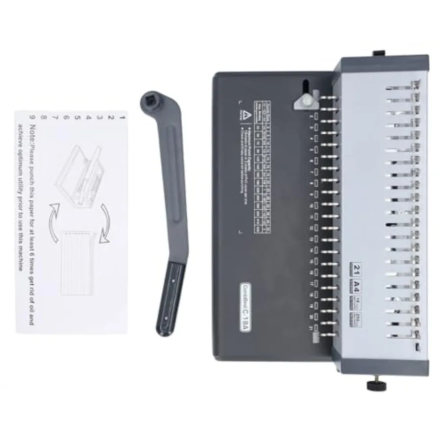 

Переплетная машина на 21 отверстие с ручкой, для формата Letter, емкость 250 листов, пробивка 18 листов по 80 г, идеально подходит для выравнивания