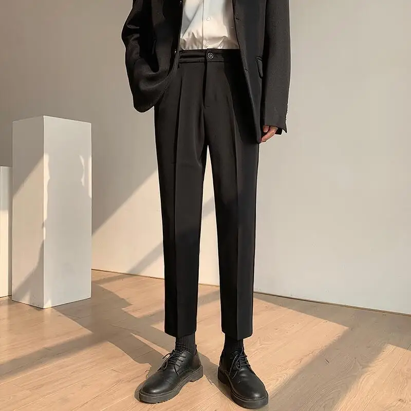 Men Spring Ankle Length Dress Pants Slim Fit Versatile Casual Drape Trousers Loose Straight Leg Long Pants