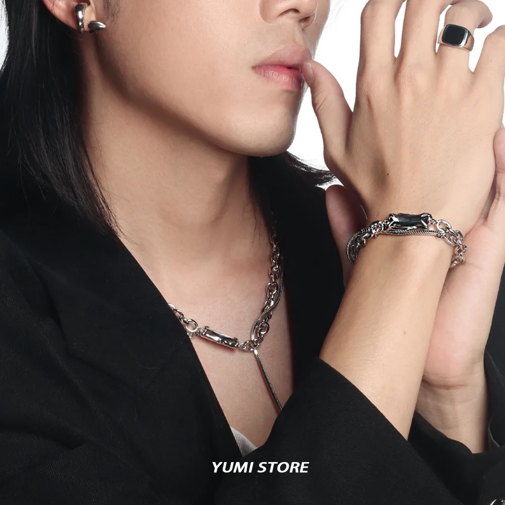Trend Black Zircon Titanium Steel Bracelet For Men Women Korea Kpop Silver Color Geometric Splice Chain Bracelet Unisex Jewelry
