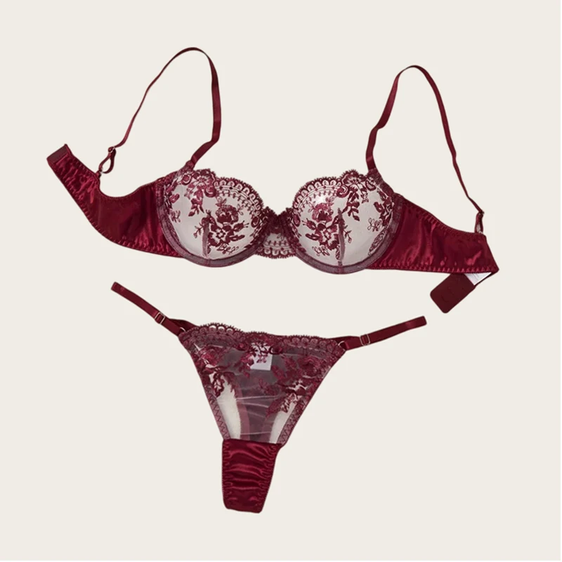 

Сексуальное женское белье из тюля, нижнее белье, винно-красный эротический комплект, женский бюстгальтер пуш-ап с цветочной вышивкой, нижнее белье, сексуальное прозрачное нижнее белье для взрослых