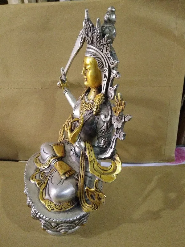 Tibetan Silver Hold Sword Manjushri Tara Kwan-Yin GuanYin Goddess Buddha Statue