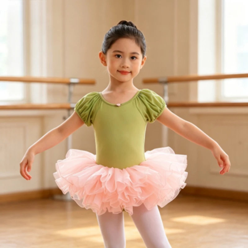

Mustard Green Summer Short-Sleeve Dance Dress, Children's Festival Performance Costume, Ballet Daily Practice Dance Dress