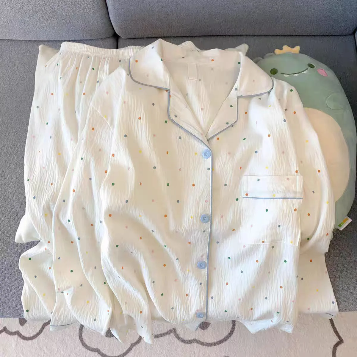 Women's Sleepwear Wave Point White Long Sleeve Pants Multiple Collar Cardigans Spring and Autumn Home Furnishing Set Pajamas