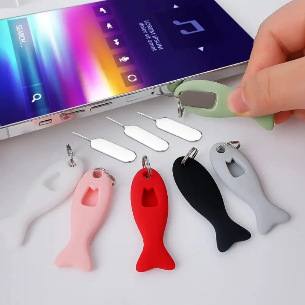 Forma de peixe cartão sim pino agulha bandeja silicone anti-perdido cartão sim pino suportes chaveiro pino ejetor para iphone/mi/samsung/huawei