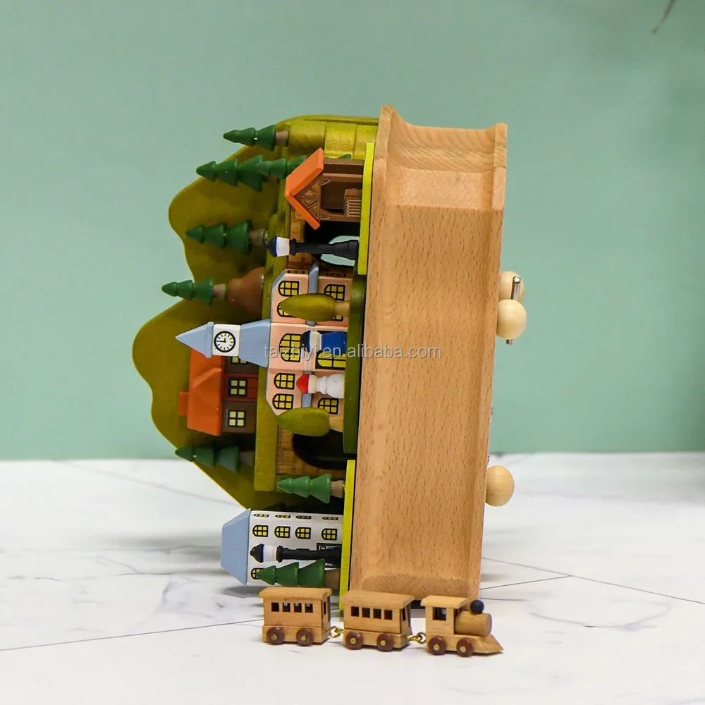 Personal Customization Wonderful Landscape Mountain Train Station Decorative Accents Wooden Toy Music Box